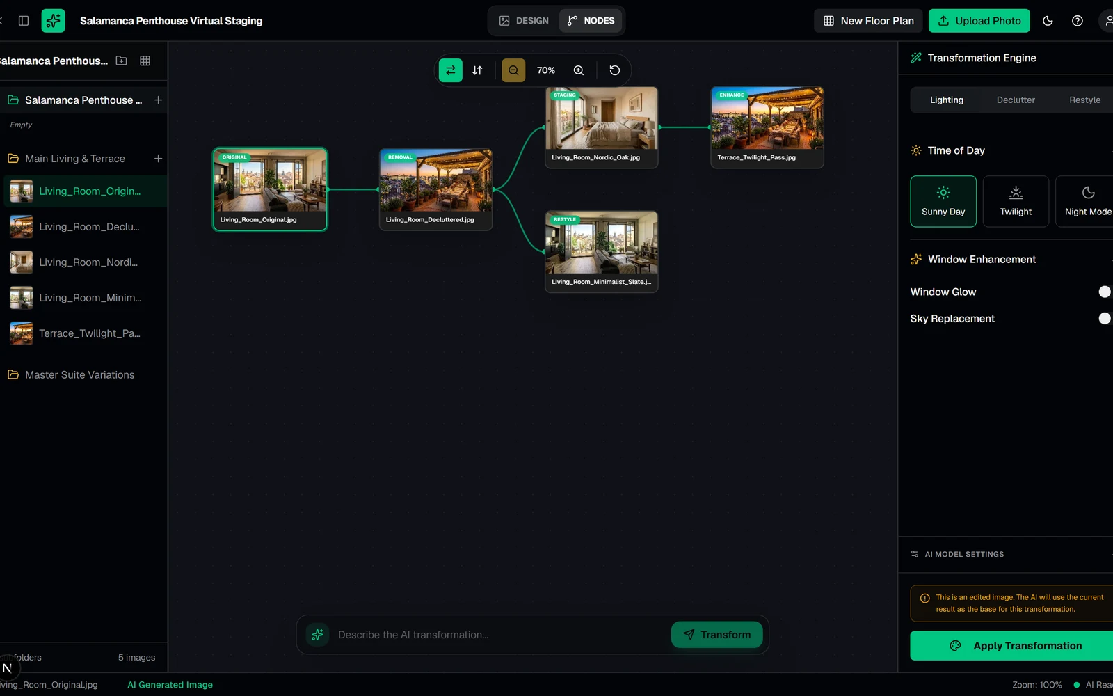 ArchitecturaAI NODES Mode — Interactive Branching Transformation Tree for AI Virtual Staging