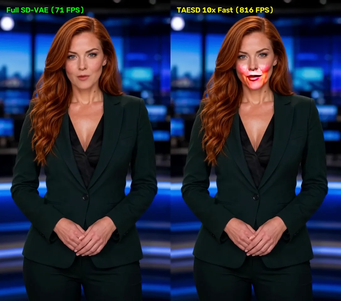 Full Frame Comparison: SD-VAE (71 FPS) vs AutoencoderTiny TAESD (816 FPS)