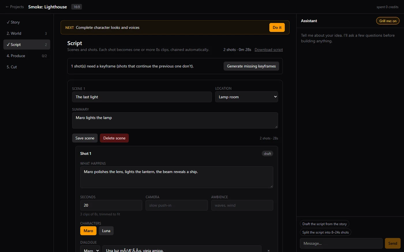 CineZero Script View — Automatic decomposition of a 20s shot into 3 chained 8s clips
