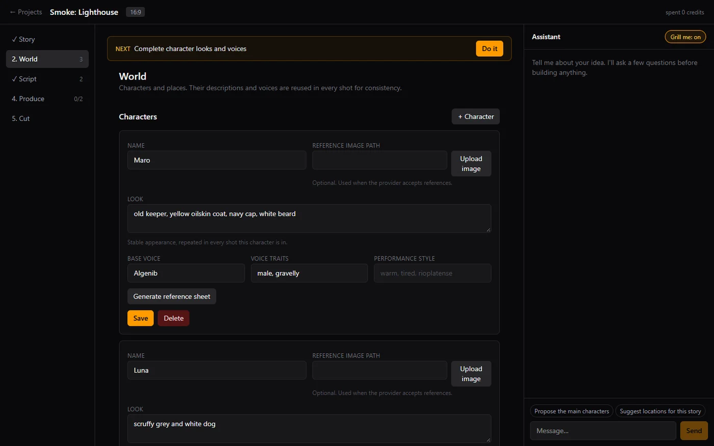 CineZero World Tab — Character appearance and voice consistency