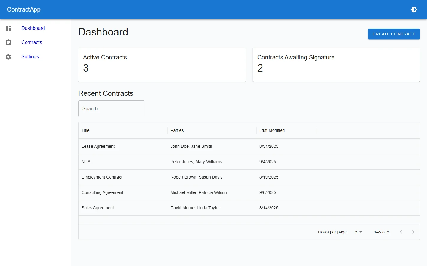 ContractApp Dashboard tracking Active and Awaiting-Signature agreements