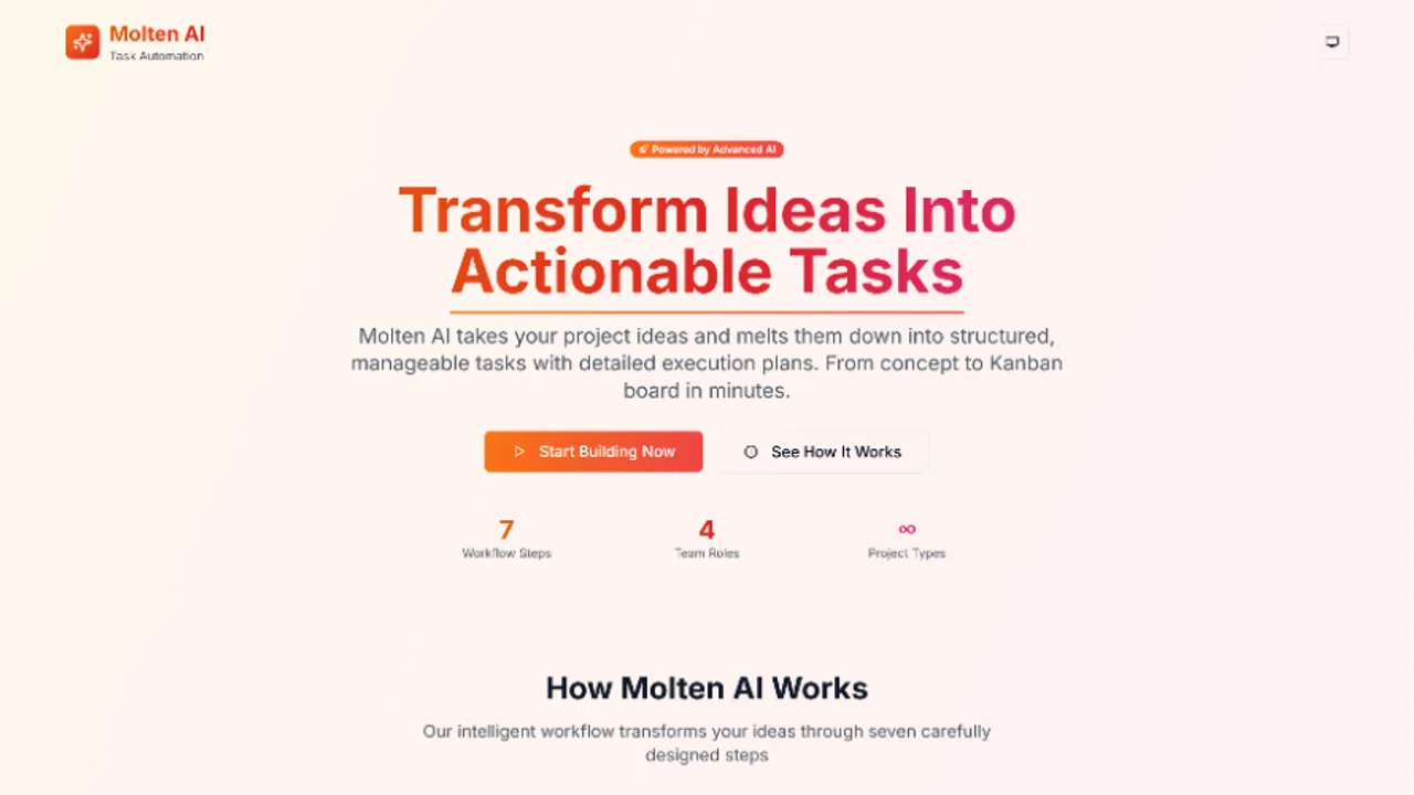 Molten AI Task Automation — Landing Page & 7-Step Workflow