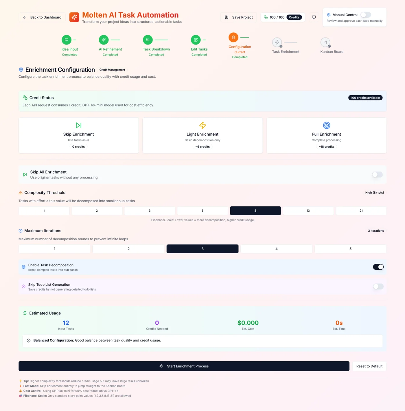 Stage 5 — Enrichment Configuration, Complexity Threshold & Credit Budget