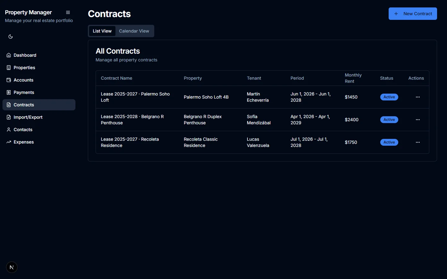 Property Manager — Active Lease Contracts with Multi-Step Rent Schedules