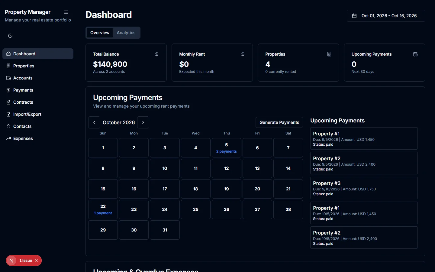 Property Manager Financial Dashboard — Real-time portfolio KPIs, cashflow projections, and upcoming rent collections