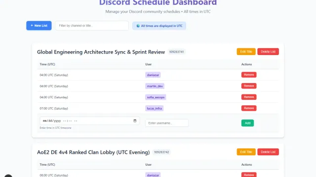 Discord Schedule Bot & Realtime UTC Dashboard